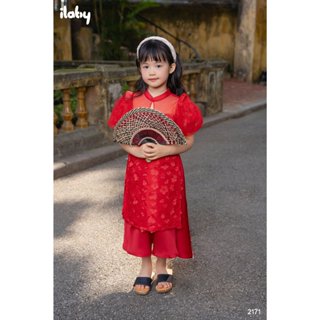 Áo dài bé gái ILABY đính hoa chất liệu voan tơ mềm, chân váy lụa cao cấp cho bé 10-35kg [2171]