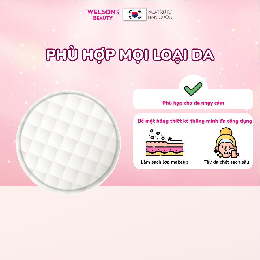 Combo 2 bông tẩy trang sạch sâu dịu nhẹ Hàn Quốc Cleaning Pad Welson Beauty