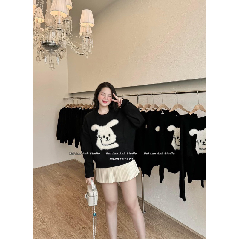 Áo len nữ hình con cún màu đen basic Hàn quốc hàng Qc