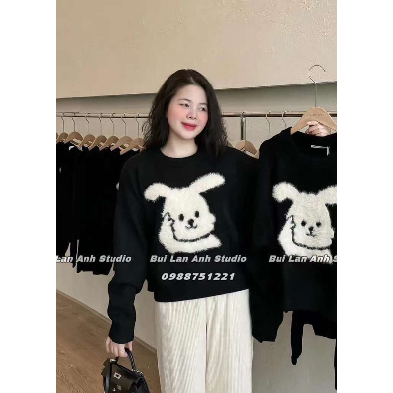 Áo len nữ hình con cún màu đen basic Hàn quốc hàng Qc