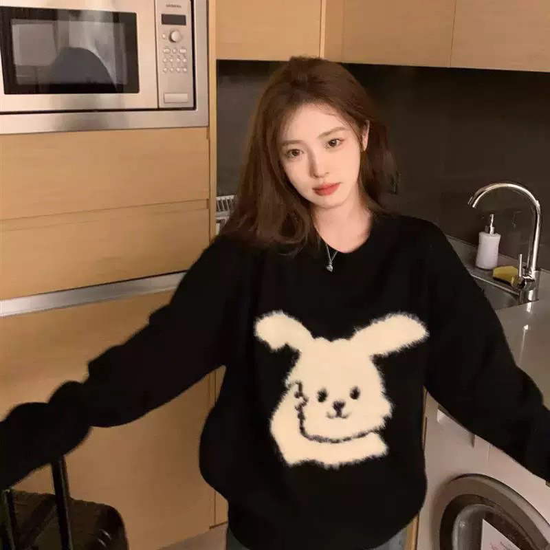 Áo len nữ hình con cún màu đen basic Hàn quốc hàng Qc