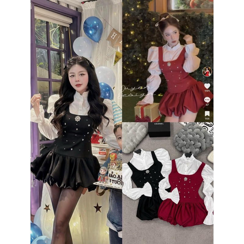 Váy xòe tay hồ lô đính đá 2 màu