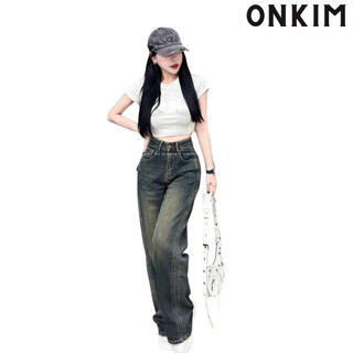 Quần jeans suông ONKIM viền nổi cạp cao màu mới lạ mắt phong cách Hàn Quốc
