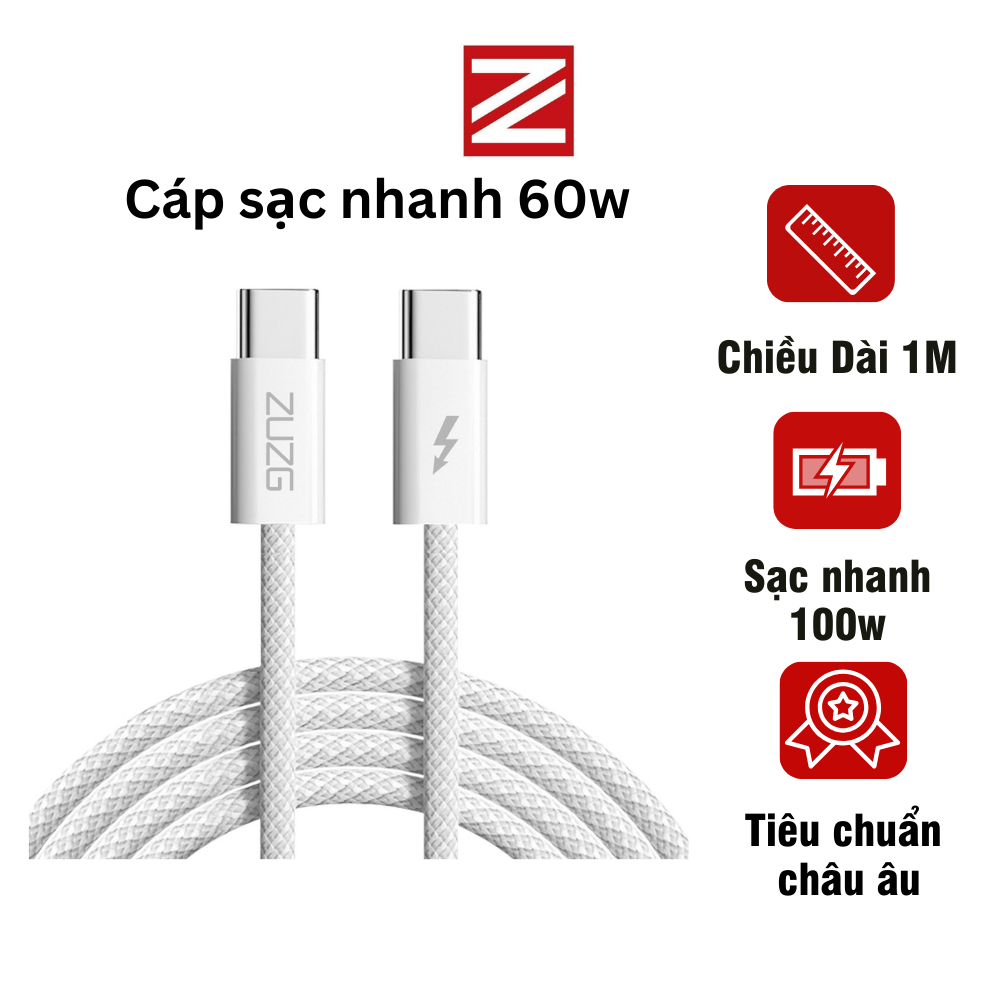 Cáp sạc siêu nhanh C to C 60W dành cho lP và các dòng android chính hãng ZUZG CT02