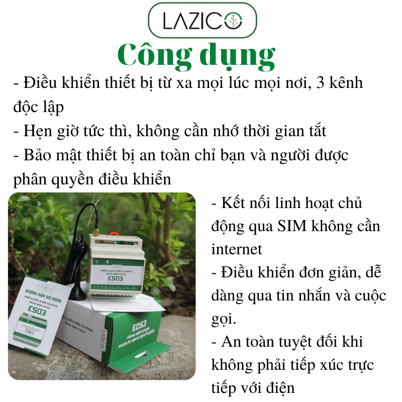 Thiết bị điều khiển từ xa 3 kênh độc lập 220V cho máy bơm motor quạt điện bằng điện thoại LAZICO ES03