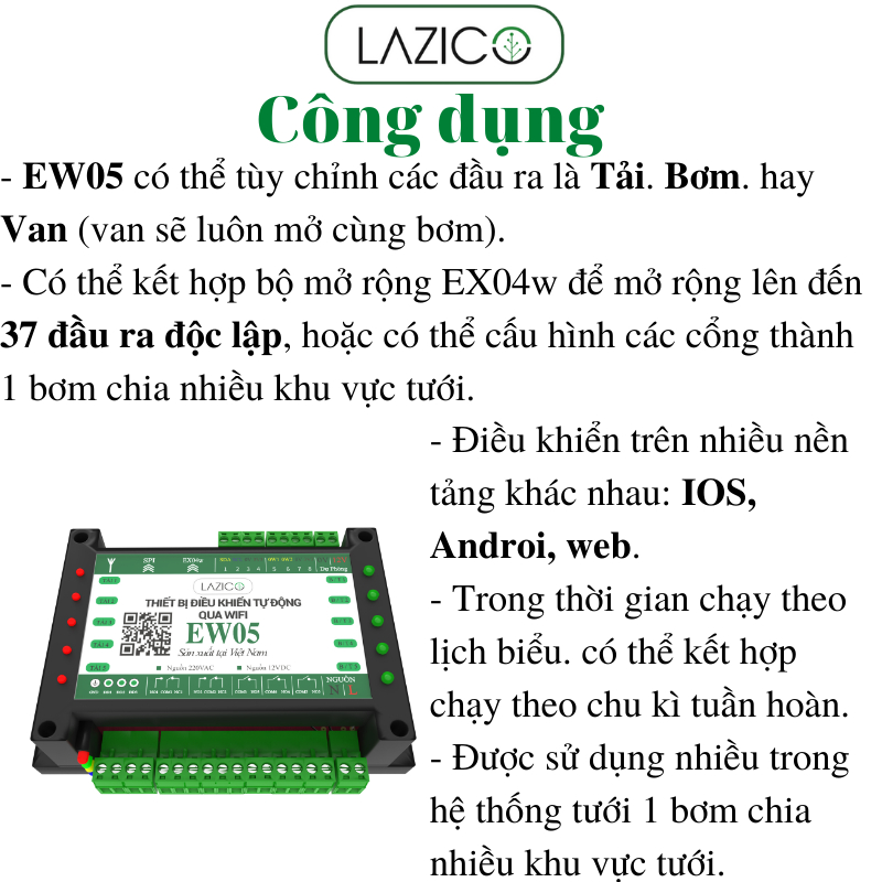 Bộ điều khiển từ xa qua WIFI 5 kênh độc lập bằng điện thoại, cấu hình đầu ra thành bơm, van và tải LAZICO EW05