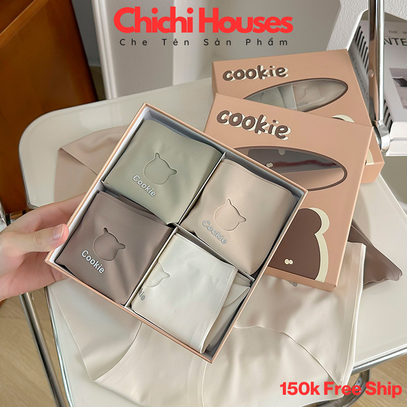 FreeSize Dưới 65Kg Set 4 Quần Lót Su Full Hộp Gấu Cookie Cao Cấp Kháng Khuẩn Nâng Mông Không Viền CHICHI 504