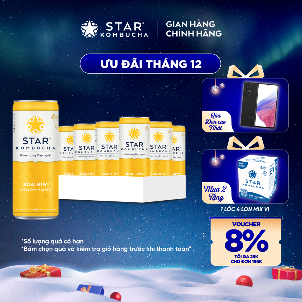 Thùng 12 lon STAR KOMBUCHA Xoài Kiwi / Mellow Mango (250ml/lon) - Trà lên men chứa probiotics tốt cho hệ tiêu hóa