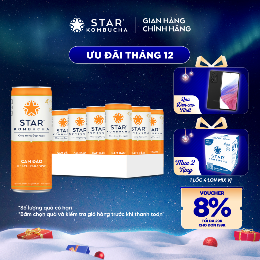 Thùng 12 lon STAR KOMBUCHA Cam Đào / Peach Paradise (250ml/lon)- Trà lên men vi sinh chứa probiotics bảo vệ sức khoẻ