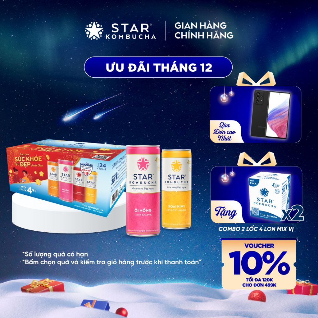 Thùng 24 lon trà lên men Star Kombucha mix 4 vị (250ml/lon) (Bao bì Xuân 2024)