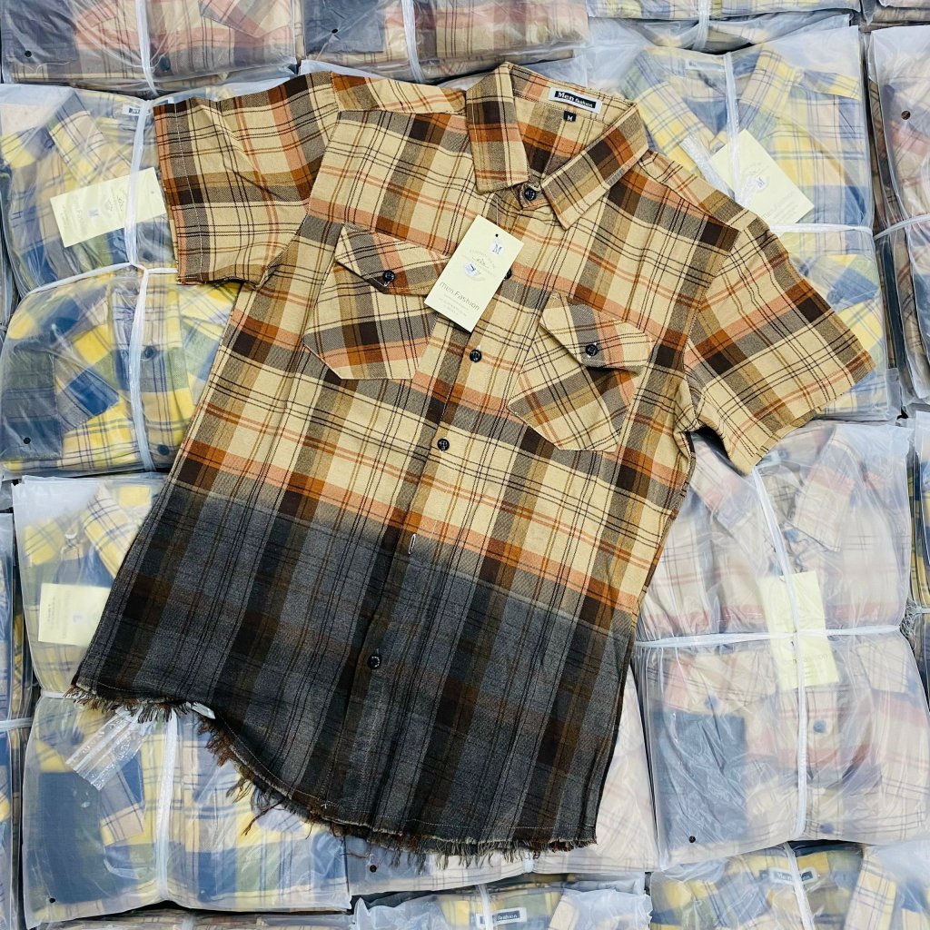 Áo sơ mi nam caro vải nỉ tay ngắn nhuộm loang màu chất mềm mịn cao cấp-AHFASHION