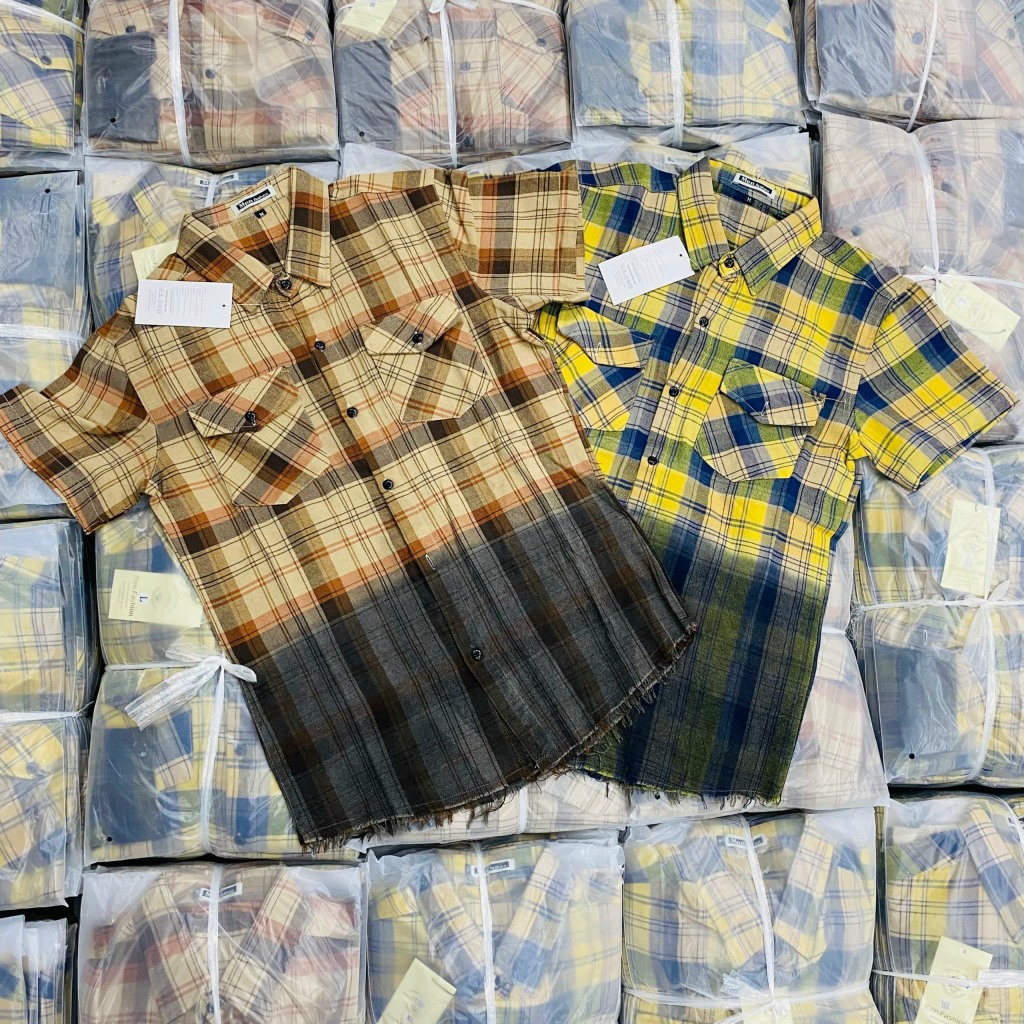 Áo sơ mi nam caro vải nỉ tay ngắn nhuộm loang màu chất mềm mịn cao cấp-AHFASHION