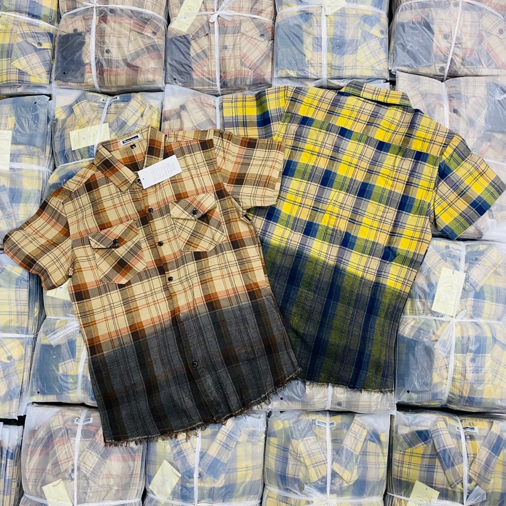 Áo sơ mi nam caro vải nỉ tay ngắn nhuộm loang màu chất mềm mịn cao cấp-AHFASHION