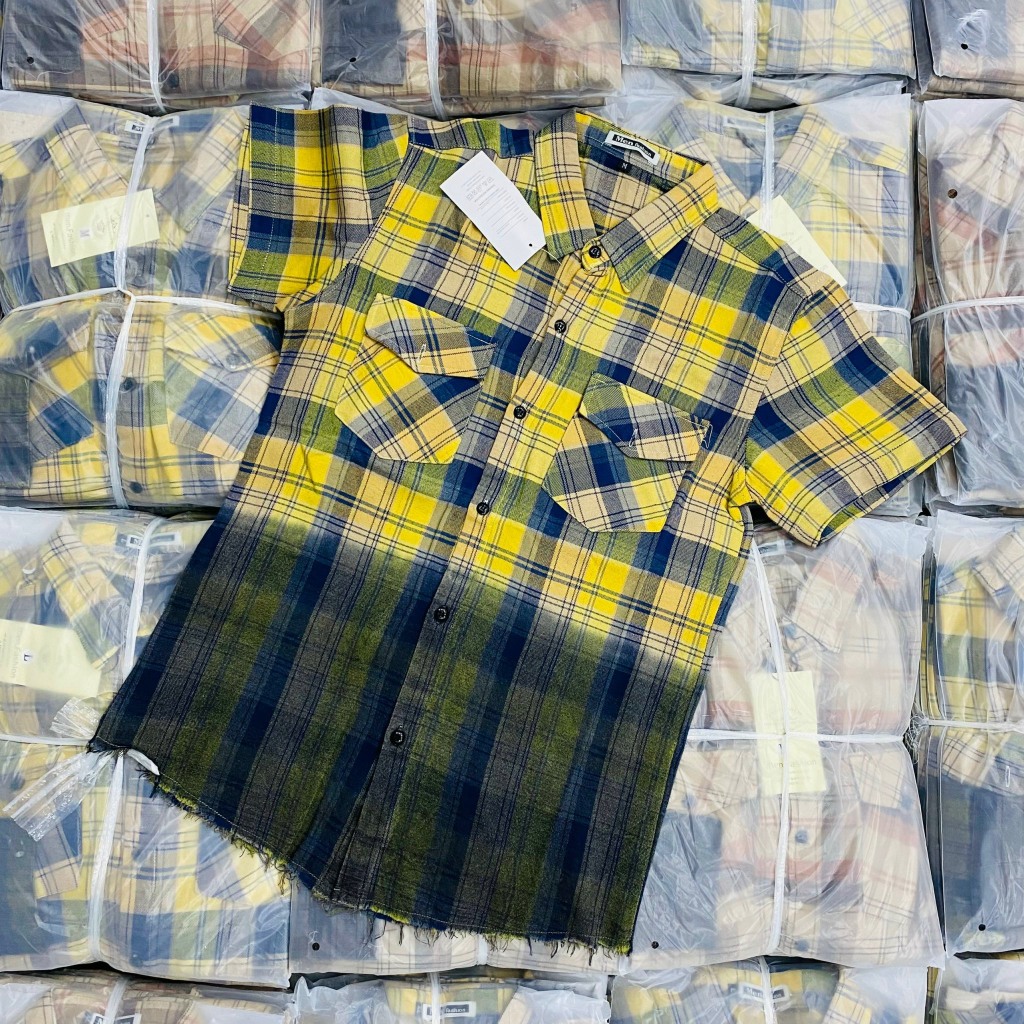 Áo sơ mi nam caro vải nỉ tay ngắn nhuộm loang màu chất mềm mịn cao cấp-AHFASHION