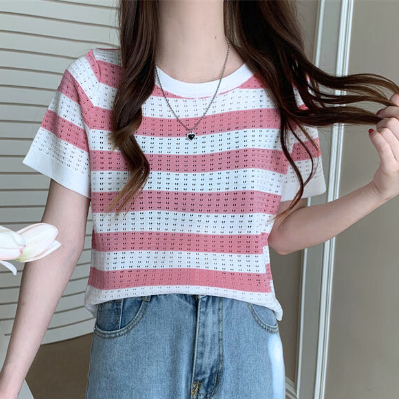 Áo thun dệt kim tay ngắn , áo vải len montoghi hoạ tiết sọc ngang trẻ trung phong cách hàn quốc 3Fashion - A15