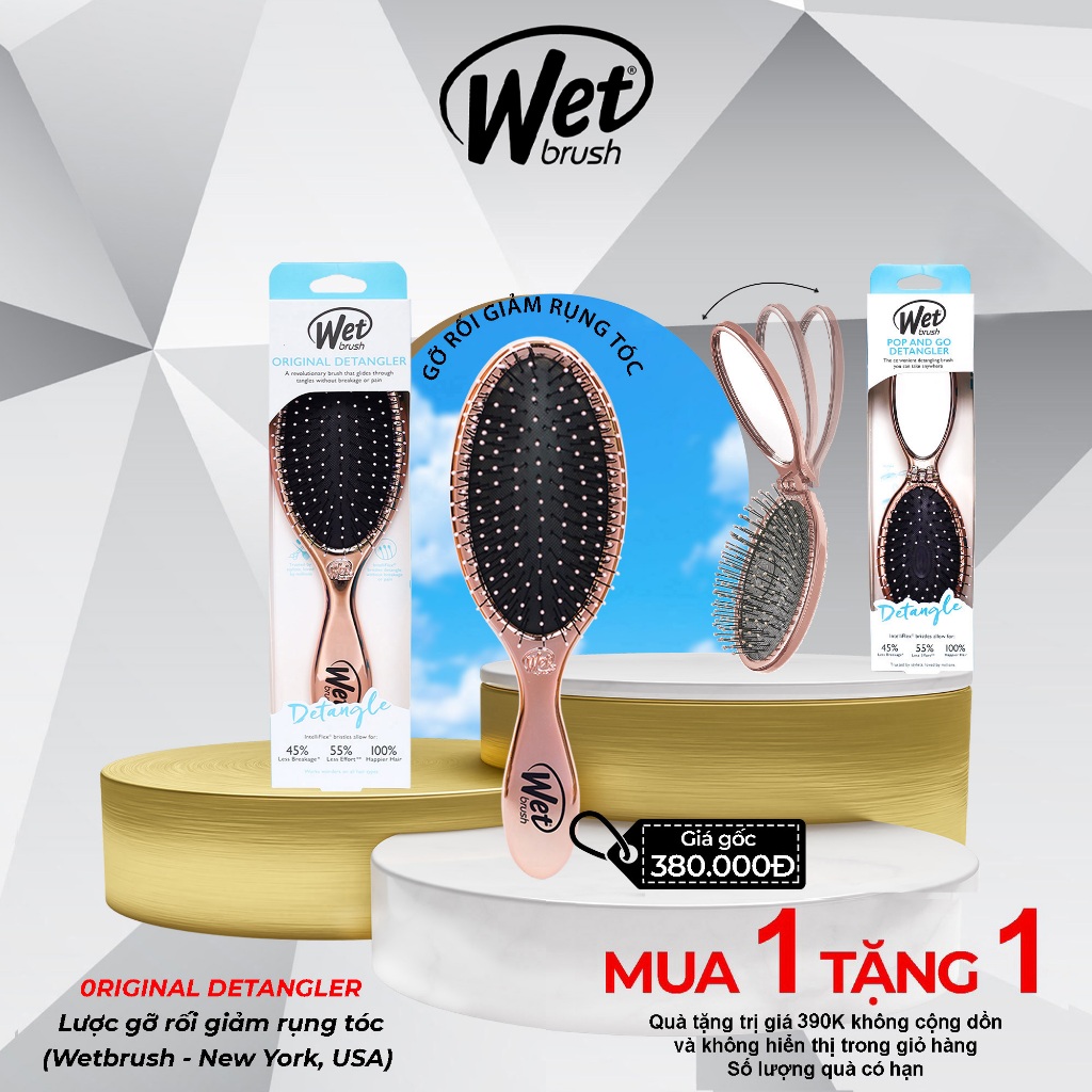 Lược chải gỡ rối tóc dòng truyền thống 2 chiếc 1 thẳng + 1 gập mầu vàng hồng