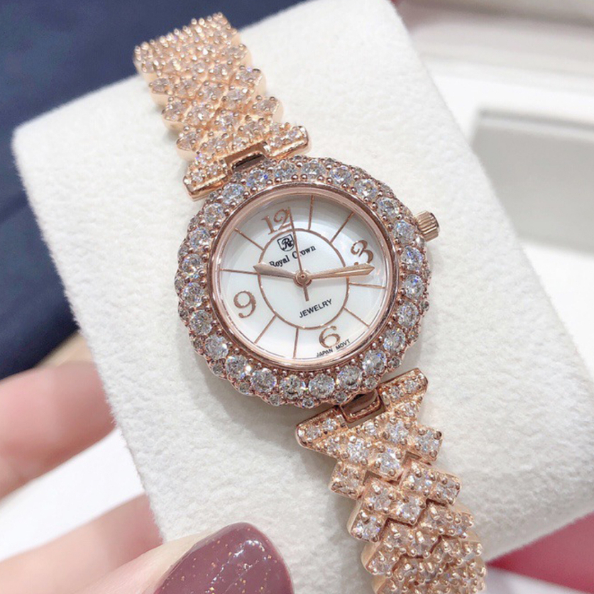 Đồng Hồ Nữ Royal Crown, Đồng Hồ Nữ Chính Hãng JAPAN WATCH Mặt Tròn Thiết Kế Dây Kim Loại Đính Đá Quý Cao Cấp Size 28mm