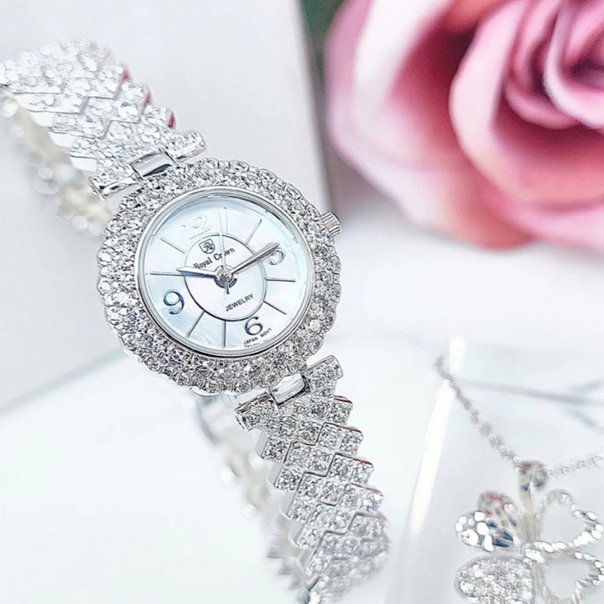 Đồng Hồ Nữ Royal Crown, Đồng Hồ Nữ Chính Hãng JAPAN WATCH Mặt Tròn Thiết Kế Dây Kim Loại Đính Đá Quý Cao Cấp Size 28mm