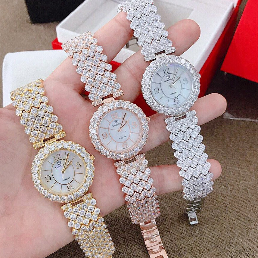 Đồng Hồ Nữ Royal Crown, Đồng Hồ Nữ Chính Hãng JAPAN WATCH Mặt Tròn Thiết Kế Dây Kim Loại Đính Đá Quý Cao Cấp Size 28mm
