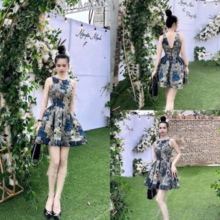 Váy đầm nữ dáng xòe dự tiệc chất bố dạ họa tiết cực sang chảnh