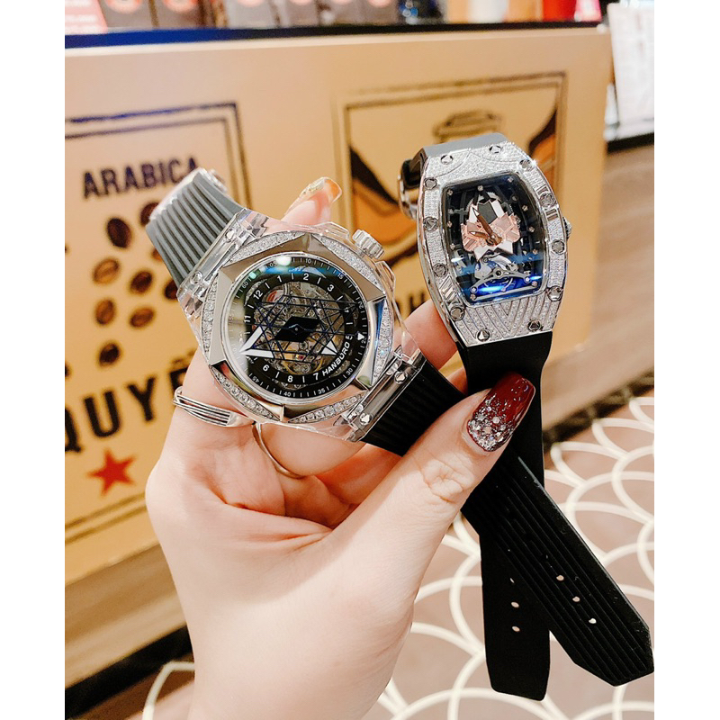 Đồng Hồ cặp nam nữ Hanboro By Huboler 996 đính đá chính hãng dây cao su đen siz 38,43mm