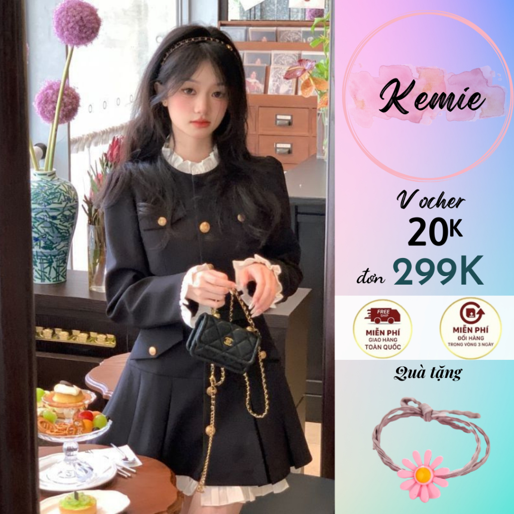 Váy xếp ly xòe dài tay pha bèo xinh xắn KEMIE SHOP