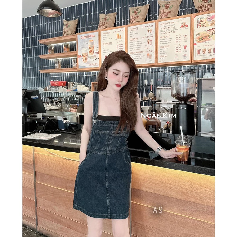 Yếm jean bò váy ngắn phối 2 túi trước thời trang | A&JEAN STORE