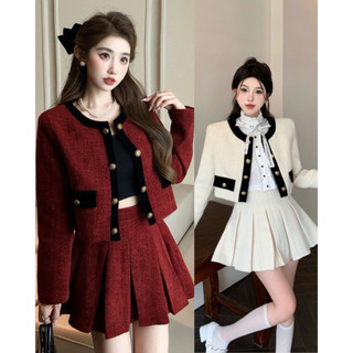 Set Thiết Kế Áo Dạ Tweed Mix Chân Váy Xòe Dáng Ngắn diện Tết Jun Store 096 P7K8