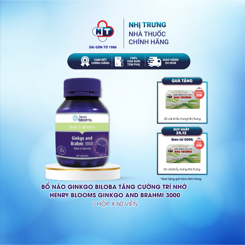 Bổ não Ginkgo Biloba tăng cường trí nhớ Henry Blooms Ginkgo and Brahmi 3000 60 viên