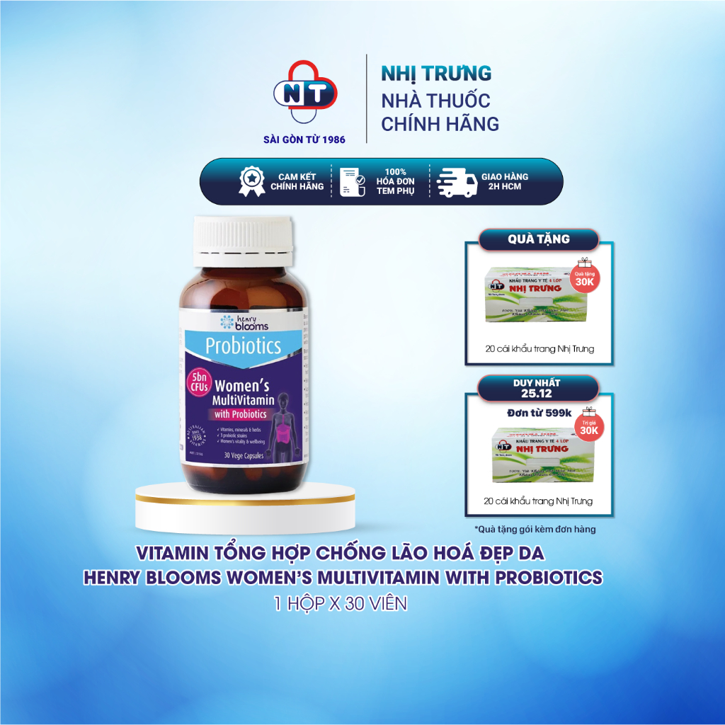 Vitamin tổng hợp chống lão hoá đẹp da Henry Blooms Women's Multivitamin with Probiotics hộp 30 viên