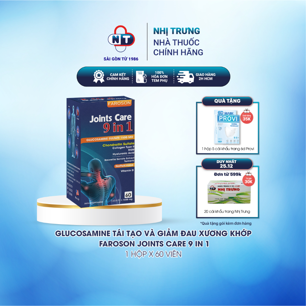 Glucosamine tái tạo và giảm đau xương khớp Faroson Joints Care 9 in 1 hộp 60 viên