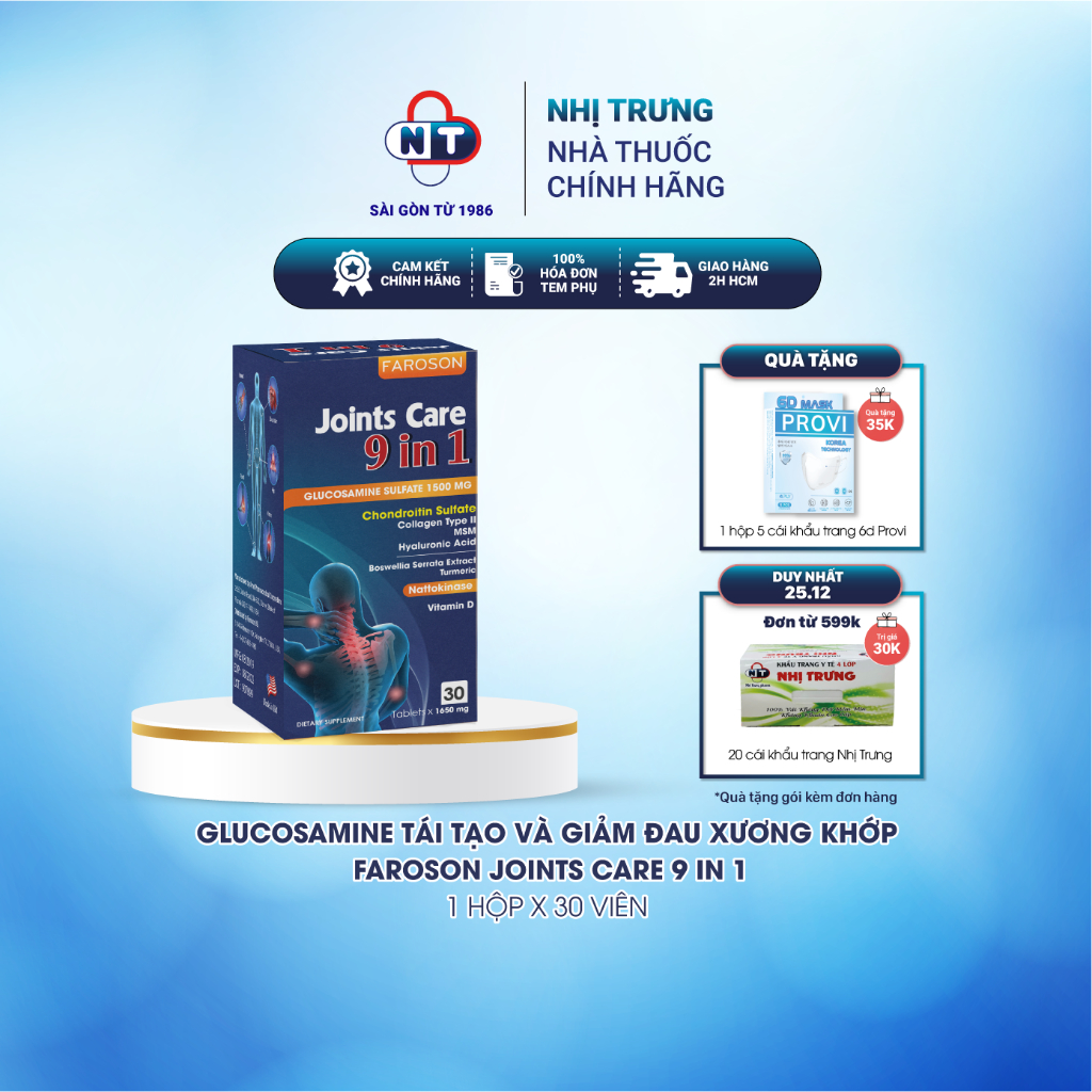 Glucosamine tái tạo và giảm đau xương khớp Faroson Joints Care 9 in 1 hộp 30 viên