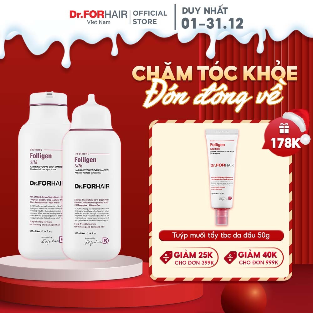 Bộ gội xả dành cho tóc mỏng và hư tổn không chứa silicon Dr. FORHAIR FOLLIGEN SILK SHAMPOO x FOLLIGEN TREATMENT 600ml