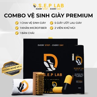 Bộ chăm sóc, vệ sinh giày DSEP gồm chai xịt vệ sinh, khăn lau, bàn chải lông heo, viên khử mùi giày kèm 5 khăn ướt