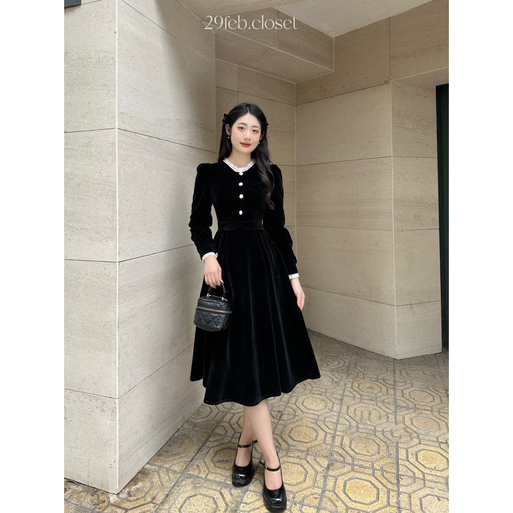 Váy Nhung Cúc Ngọc LINH LAN 29feb.closet Cổ Phối Ren Vai Bồng Dáng Xòe Dài Nhẹ Nhàng Tiểu Thư Mùa Thu Đông - V174
