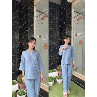 Nút ngọc vân mây set đồ bộ nữ vải co giãn nhẹ không nhăn có thêu