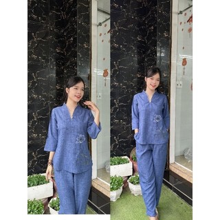 Nút ngọc vân mây set đồ bộ nữ vải co giãn nhẹ không nhăn có thêu