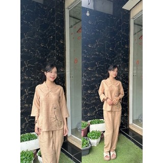 Nút ngọc vân mây set đồ bộ nữ vải co giãn nhẹ không nhăn có thêu