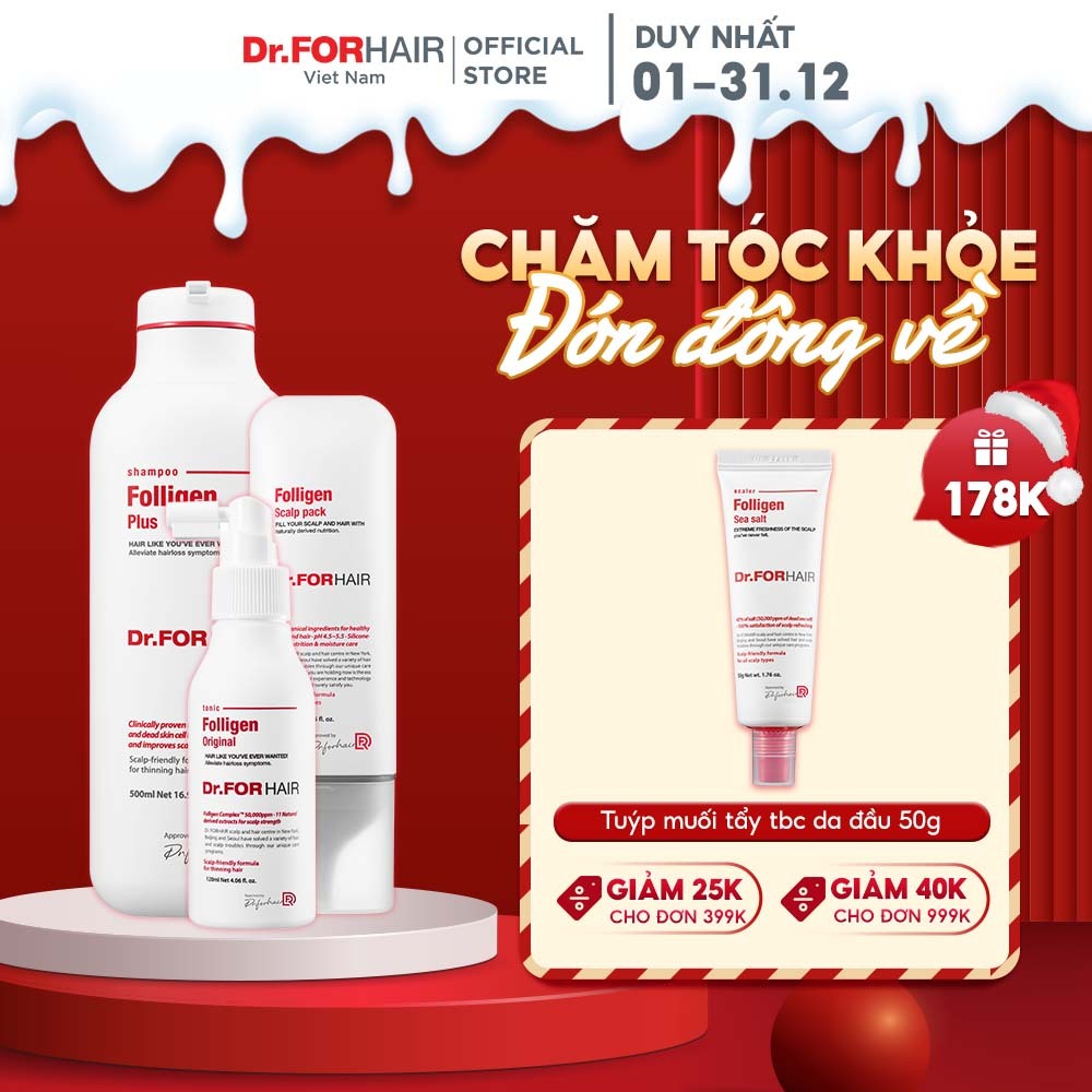 Bộ gội xả dưỡng và xịt hỗ trợ mọc tóc, giảm dầu Dr.FORHAIR Folligen Plus 500ml x Scalp Pack 250ml x Tonic 120ml