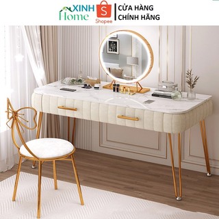 Bàn trang điểm gỗ bọc nỉ phong cách Bắc Âu chân kim loại viền vàng 100x40x75cm - Tặng Kèm Ghế Nơ Ngồi Bàn Trang Điểm