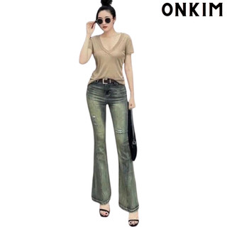 Quần jeans loe ONKIM gân giữa rách đùi lưng cao co giãn màu rêu khói hot trend