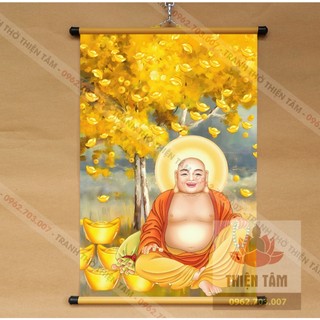 Tranh Phật Di Lặc treo tường 40x60cm bằng vải phủ bóng cao cấp dày dặn