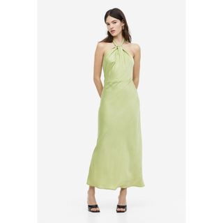 H&M Đức - Đầm body dài midi satin lụa cổ yếm hở lưng xanh bơ dự tiệc dạ hội sale auth new chính hãng có sẵn 1154531002