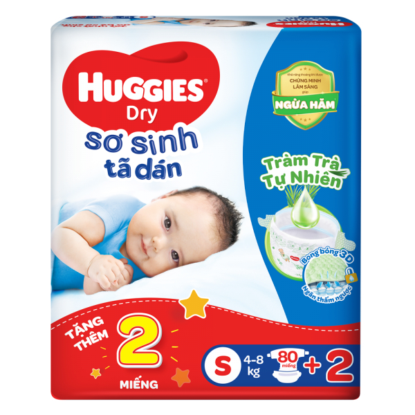 Tã dán sơ sinh Huggies S80+2 - Size S 82 Miếng - Cho bé dưới 4-7 Kg