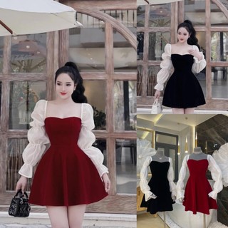 Đầm nhung tiểu thư cúp ngực dáng xòe phối tay voan nhún Đầm đi chơi Tết Noel Bigsize Kim Ngân từ 50kg đến 100kg L/XL/XXL
