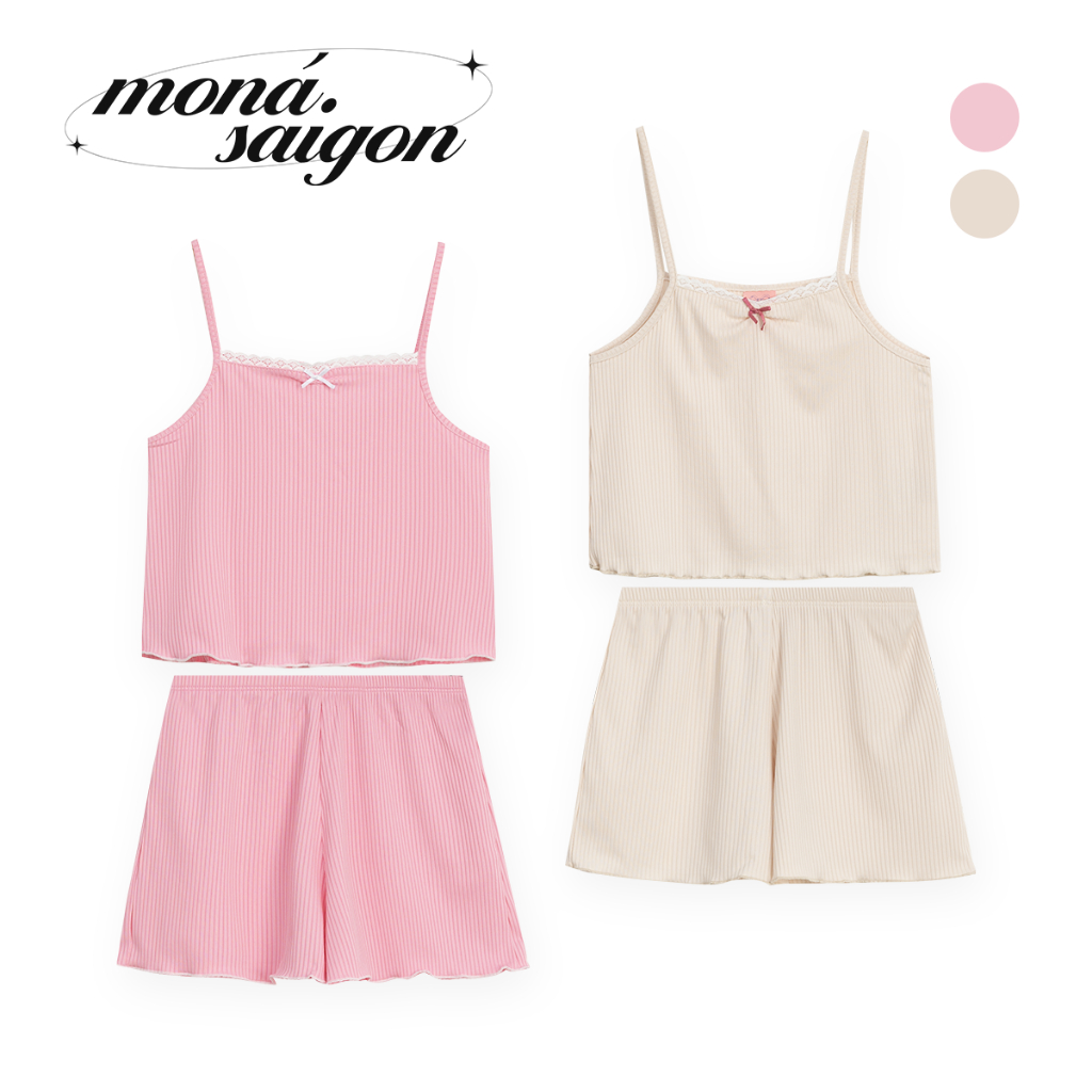 Set đồ ngủ áo 2 dây kèm quần thun gân gắn nơ MONÁ - CUTIE