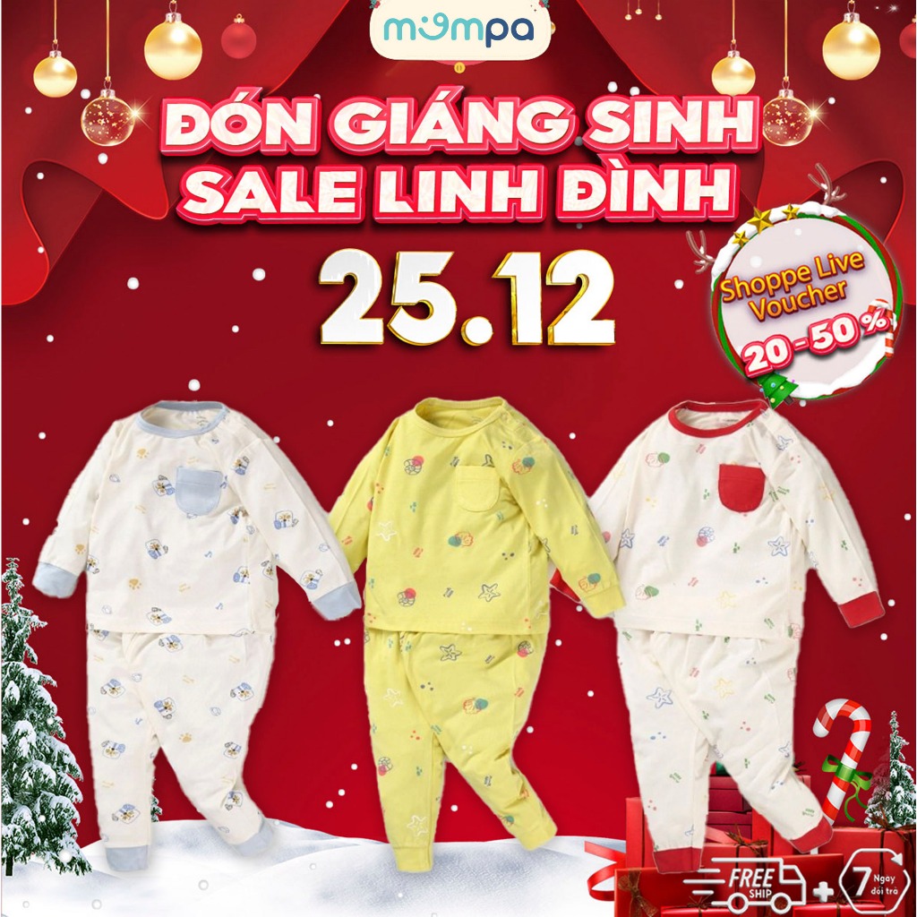 Bộ quần áo dài tay cho bé Mompa 6 tháng - 4 tuổi cúc vai vải Petit thoáng mát co giãn thấm hút 344