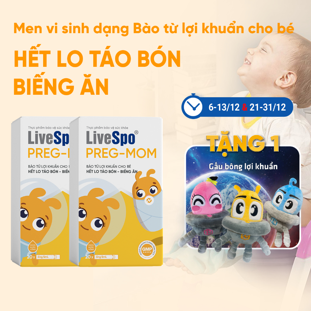 Combo2 Men vi sinh bào tử lợi khuẩn cho bé LiveSpo PREGMOM (20 ống x 5ml)