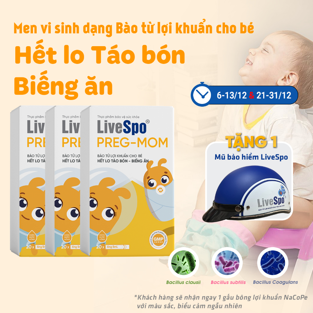 3 Hộp Bào tử lợi khuẩn LiveSpo Pregmom hỗ trợ giảm táo bón rối loạn tiêu hóa, tăng cường sức đề kháng (Hộp 20 ống x5ml)