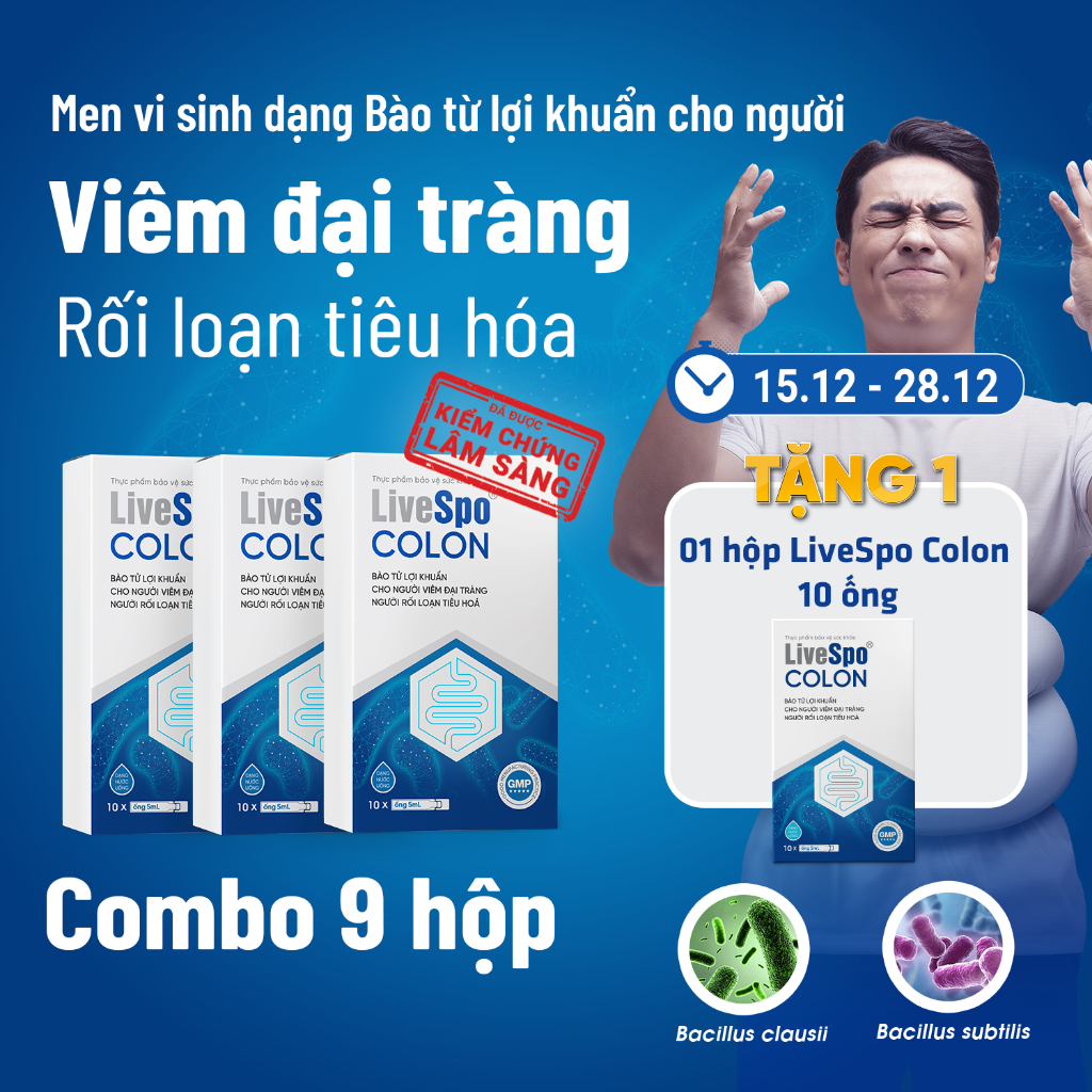 Combo 9 Men vi sinh dùng cho Viêm Đại Tràng, Táo bón, Tiêu chảy - LiveSpo COLON 3 tỷ bào tử lợi khuẩn (Hộp 10 ống x 5ml)